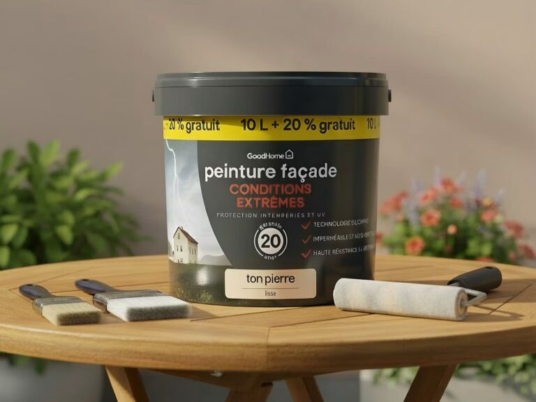pot de peinture de façade avec pinceaux et rouleau